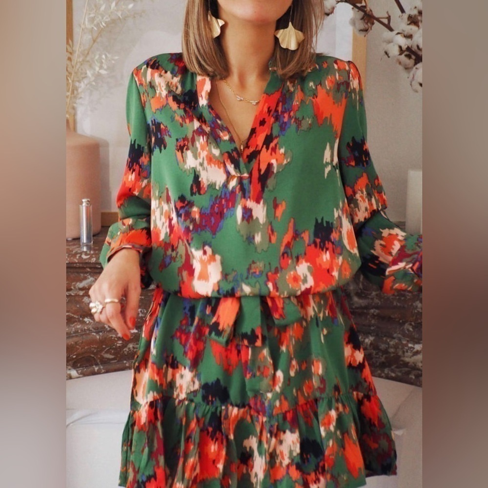 New Green Abstract Print Ruffled Drawstring High Waist Mini Dress Size Small